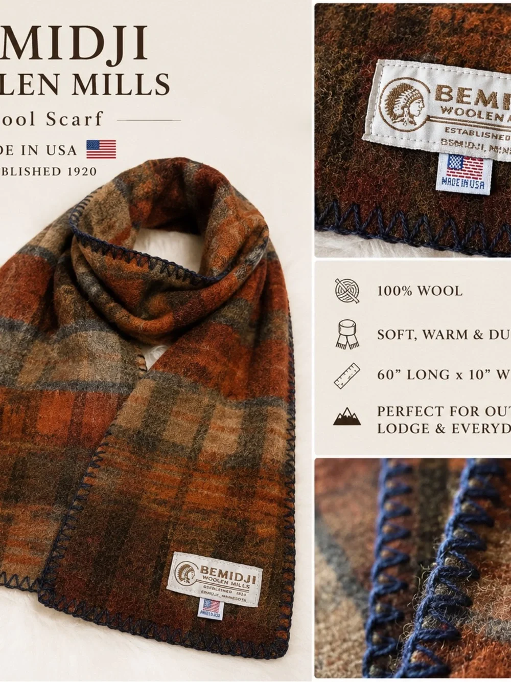 Vintage Bemidji Woolen Mills Wool Scarf Brown Plaid Blanket Stitch USA 60x10